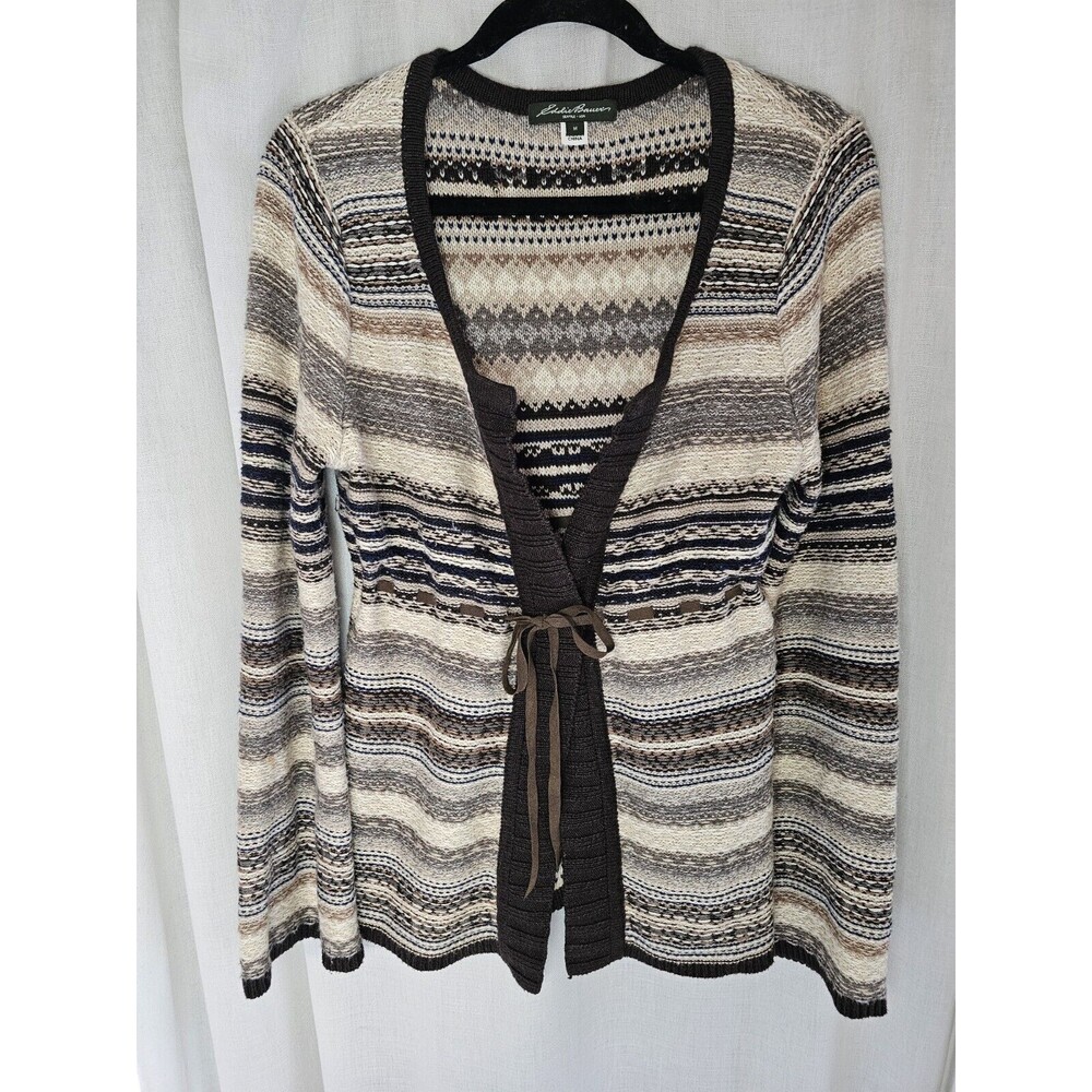 Eddie Bauer Fair Isle Drawstring Merino Wool Blend Cardigan Bell Sleeve 90s Cozy